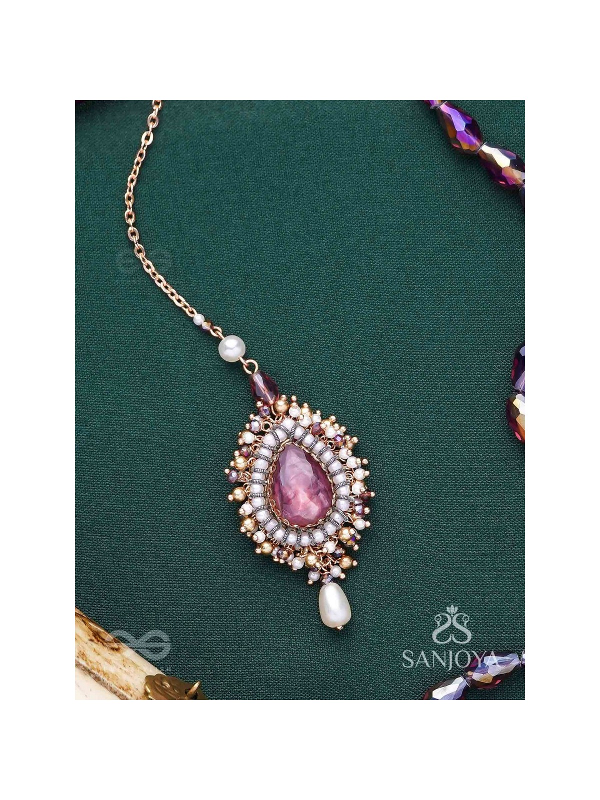 Asyama - The Violet Veil - Beads, Pearl And Stone Hand Embroidered Maangtika 