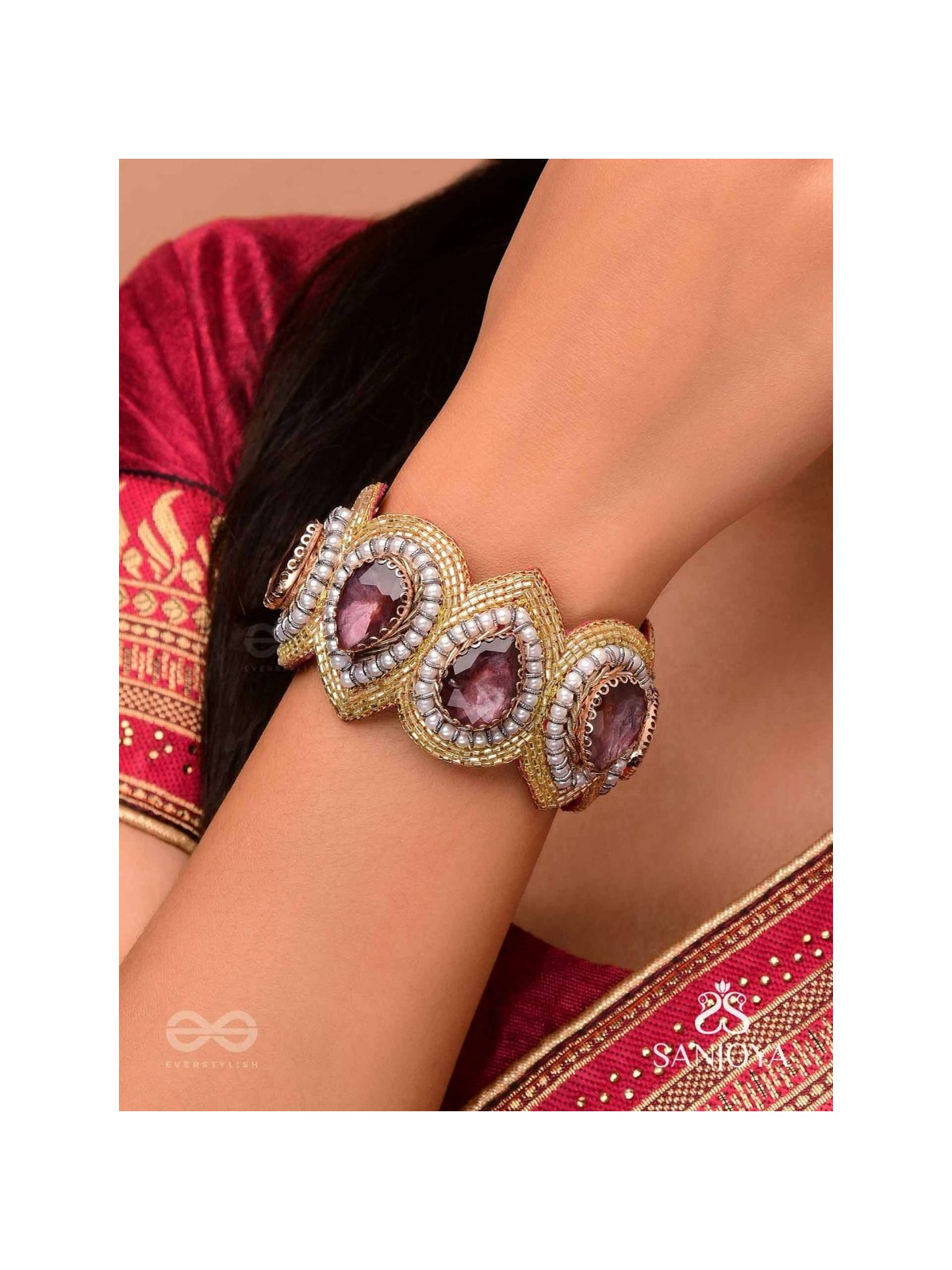 Pratijna - The Glowing Glamour - Stone, Beads And Cutdana Hand Embroidered Cuff Bracelet