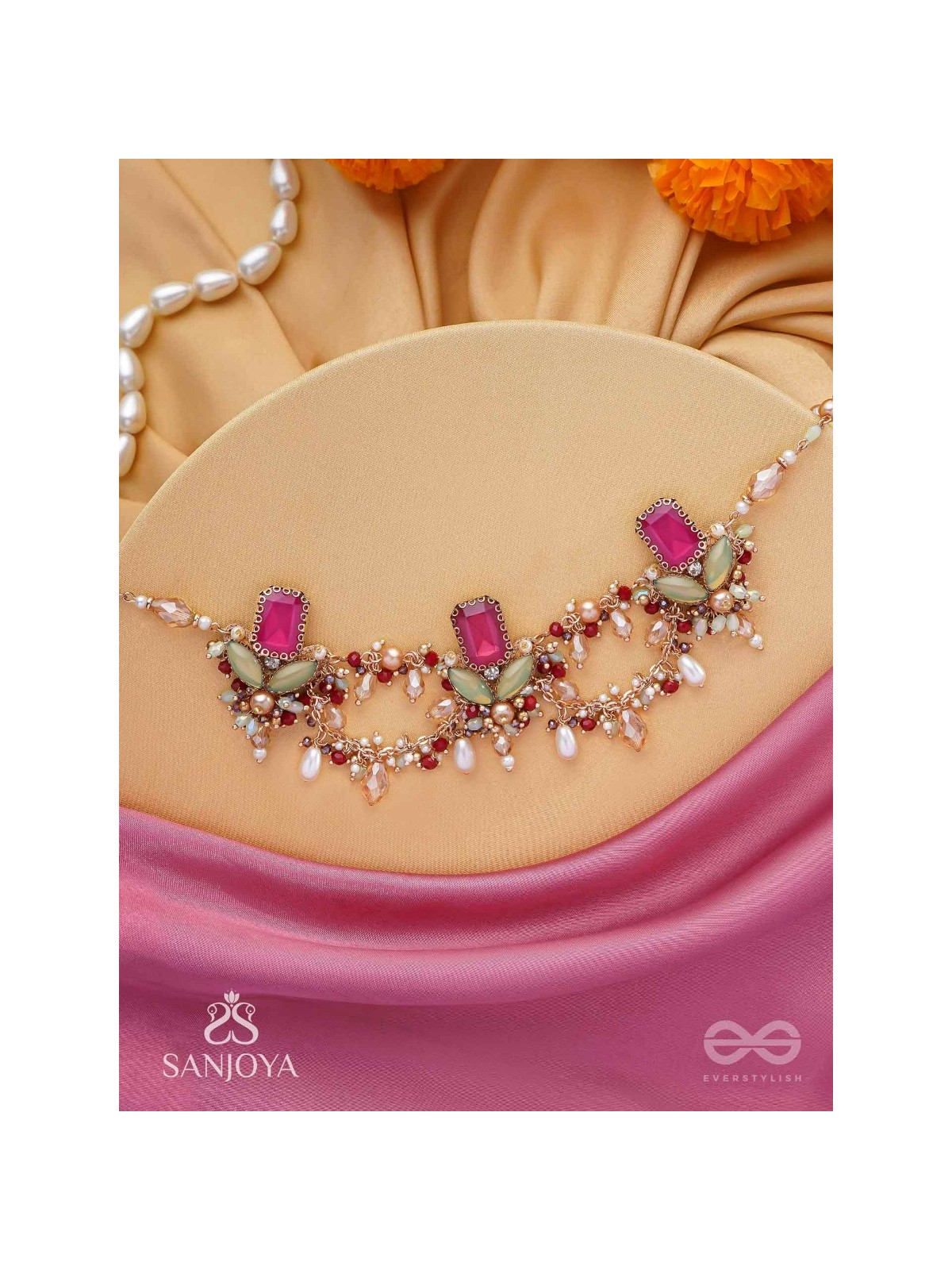 Asita - The Regal Orchid - Stones, Beads And Pearls Hand Embroidered Neckpiece