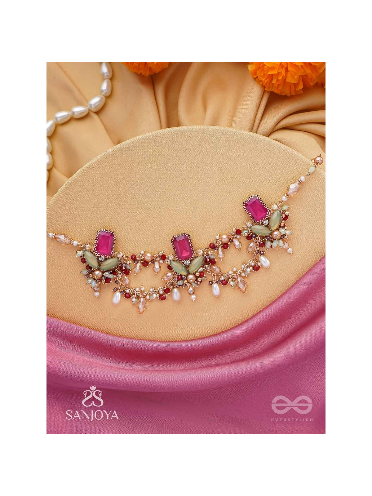 Asita - The Regal Orchid - Stones, Beads And Pearls Hand Embroidered Neckpiece