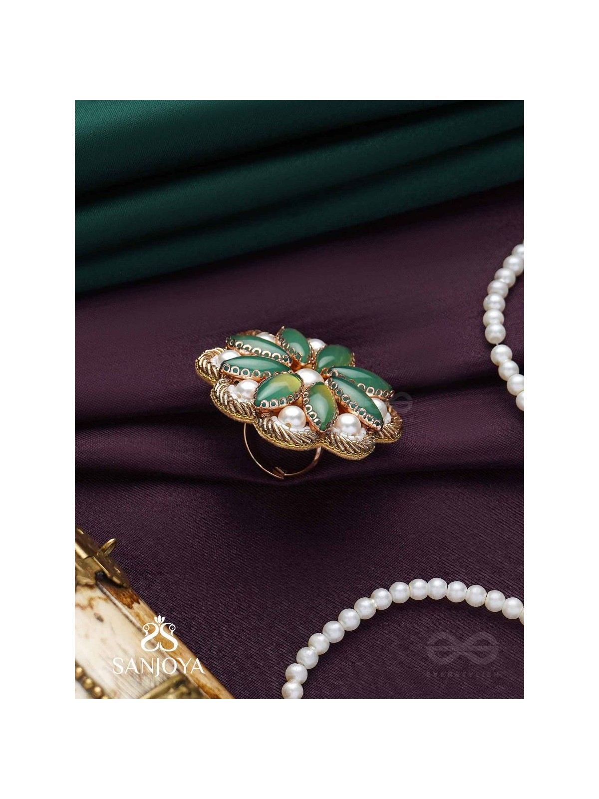 Pratika - The Oasis Blossom - Stone And Pearls Hand Embroidered Ring (Adjustable)