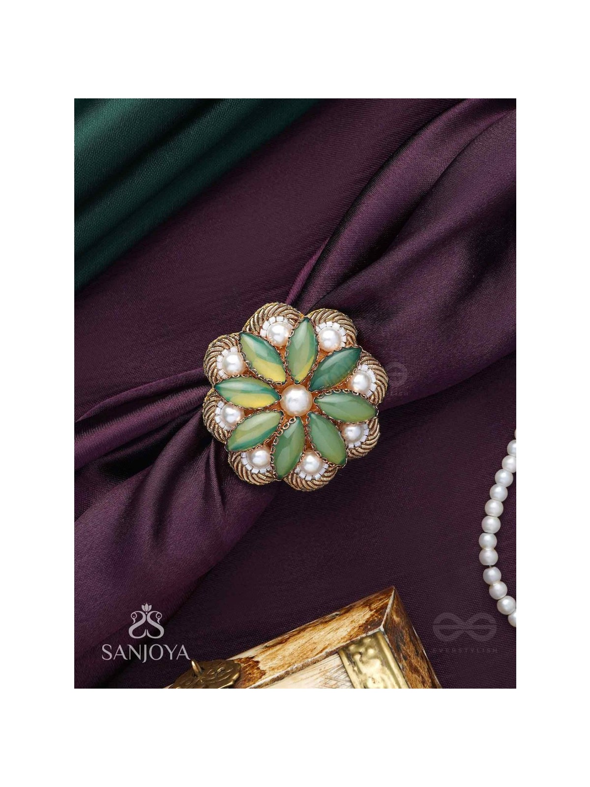 Pratika - The Oasis Blossom - Stone And Pearls Hand Embroidered Ring (Adjustable)