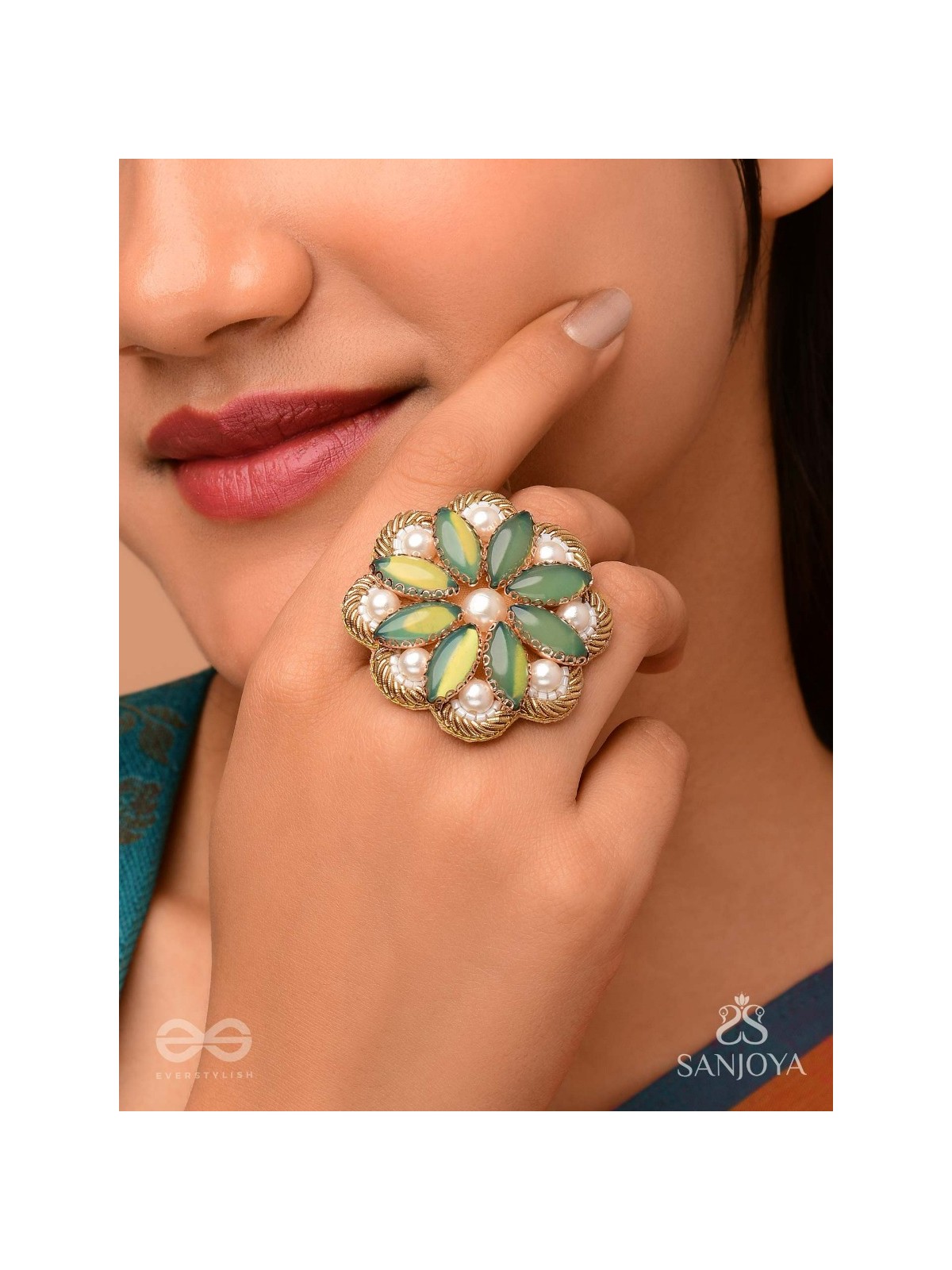 Pratika - The Oasis Blossom - Stone And Pearls Hand Embroidered Ring (Adjustable)