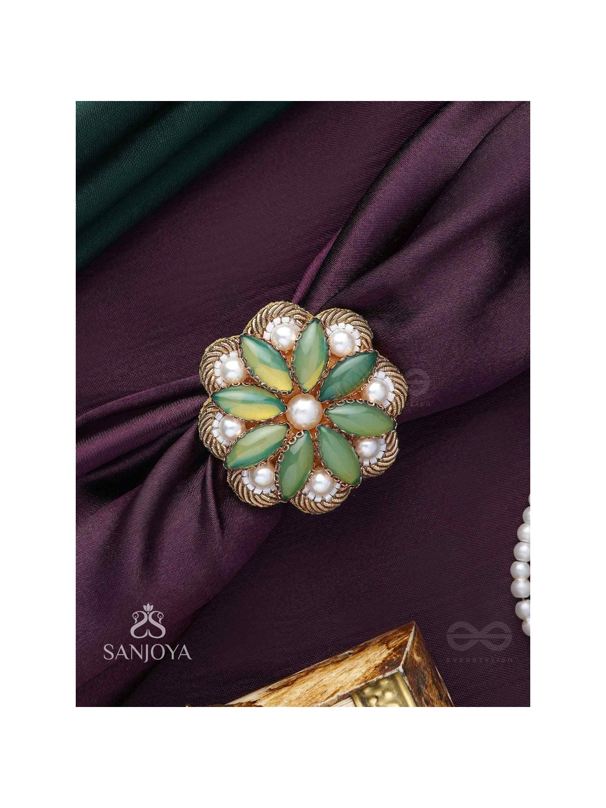 Pratika - The Oasis Blossom - Stone And Pearls Hand Embroidered Ring (Adjustable)