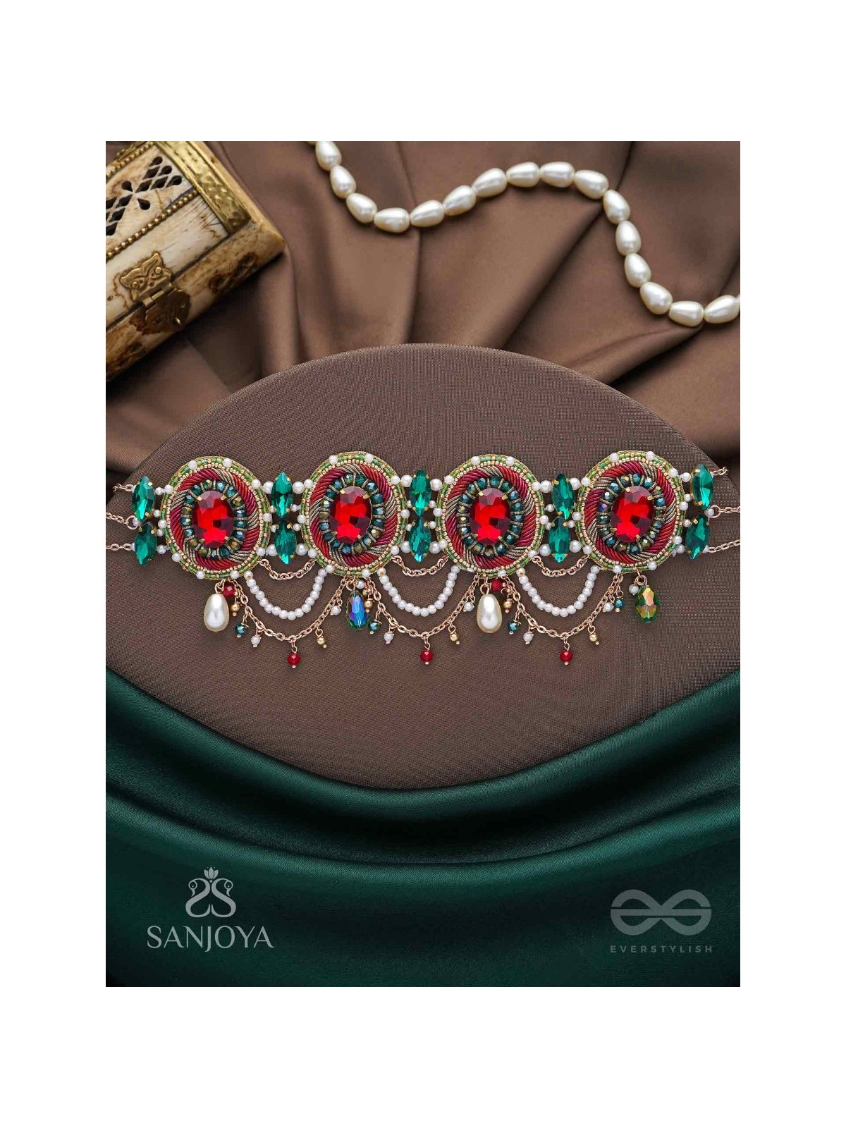 Upakarana - Royal Ruby Rainfall - Stone, Beads And Glass Drops Hand Embroidered  Choker Neckpiece