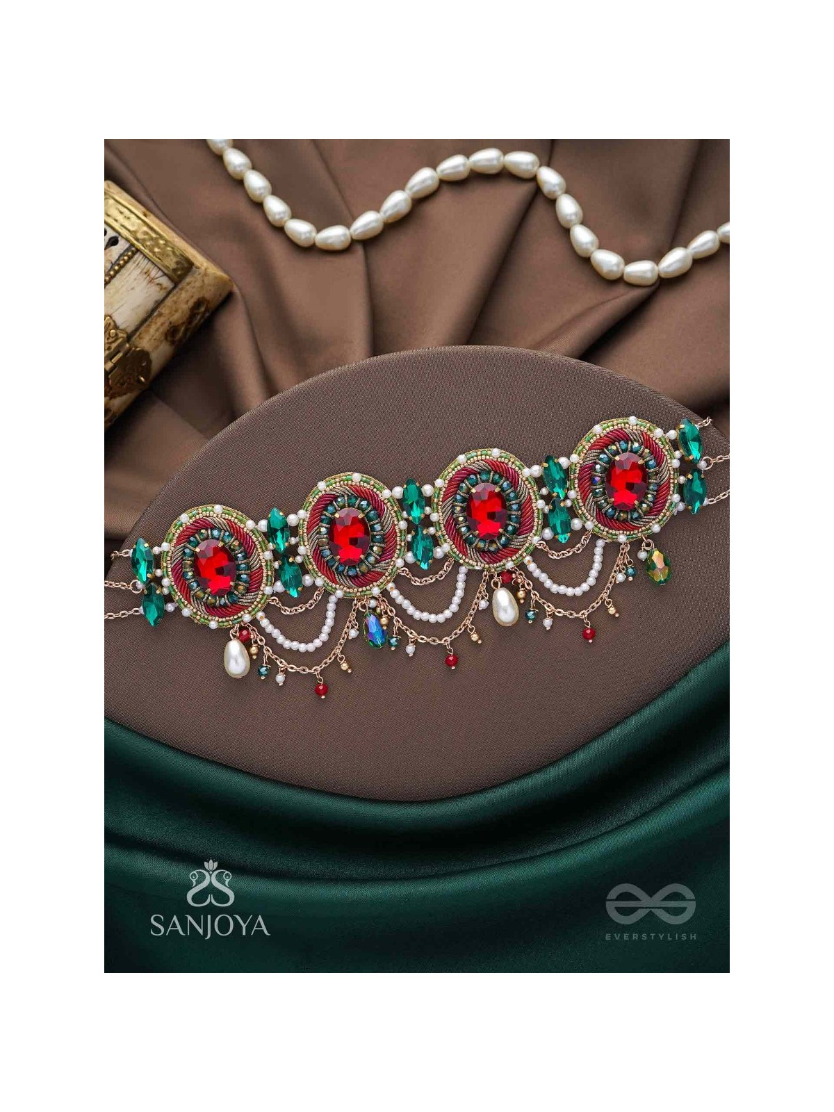 Upakarana - Royal Ruby Rainfall - Stone, Beads And Glass Drops Hand Embroidered  Choker Neckpiece