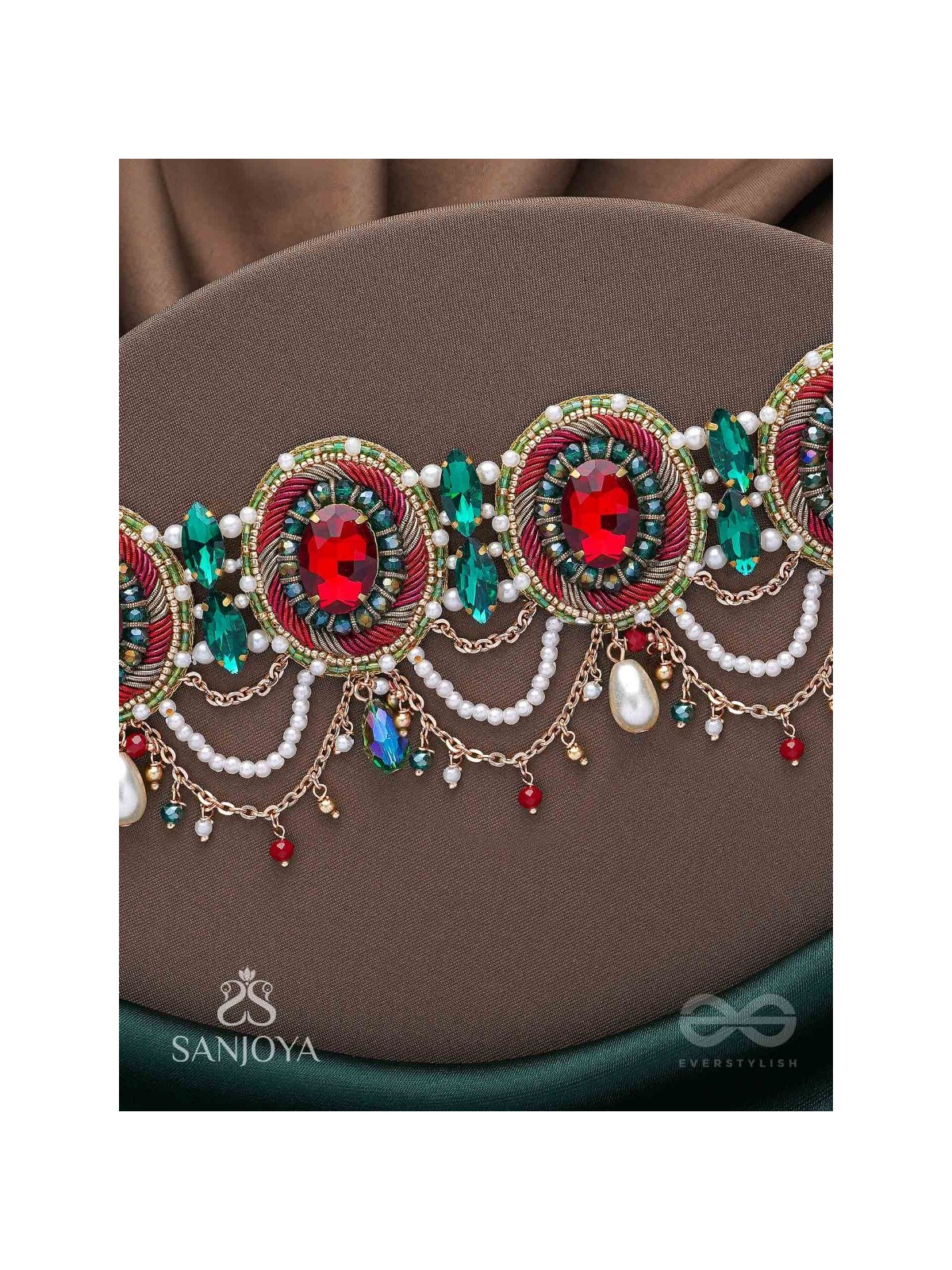 Upakarana - Royal Ruby Rainfall - Stone, Beads And Glass Drops Hand Embroidered  Choker Neckpiece