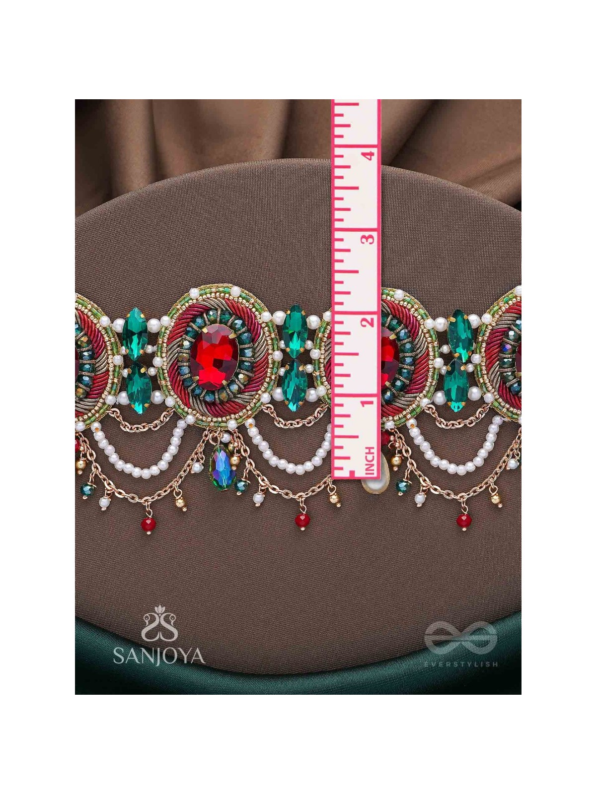 Upakarana - Royal Ruby Rainfall - Stone, Beads And Glass Drops Hand Embroidered  Choker Neckpiece