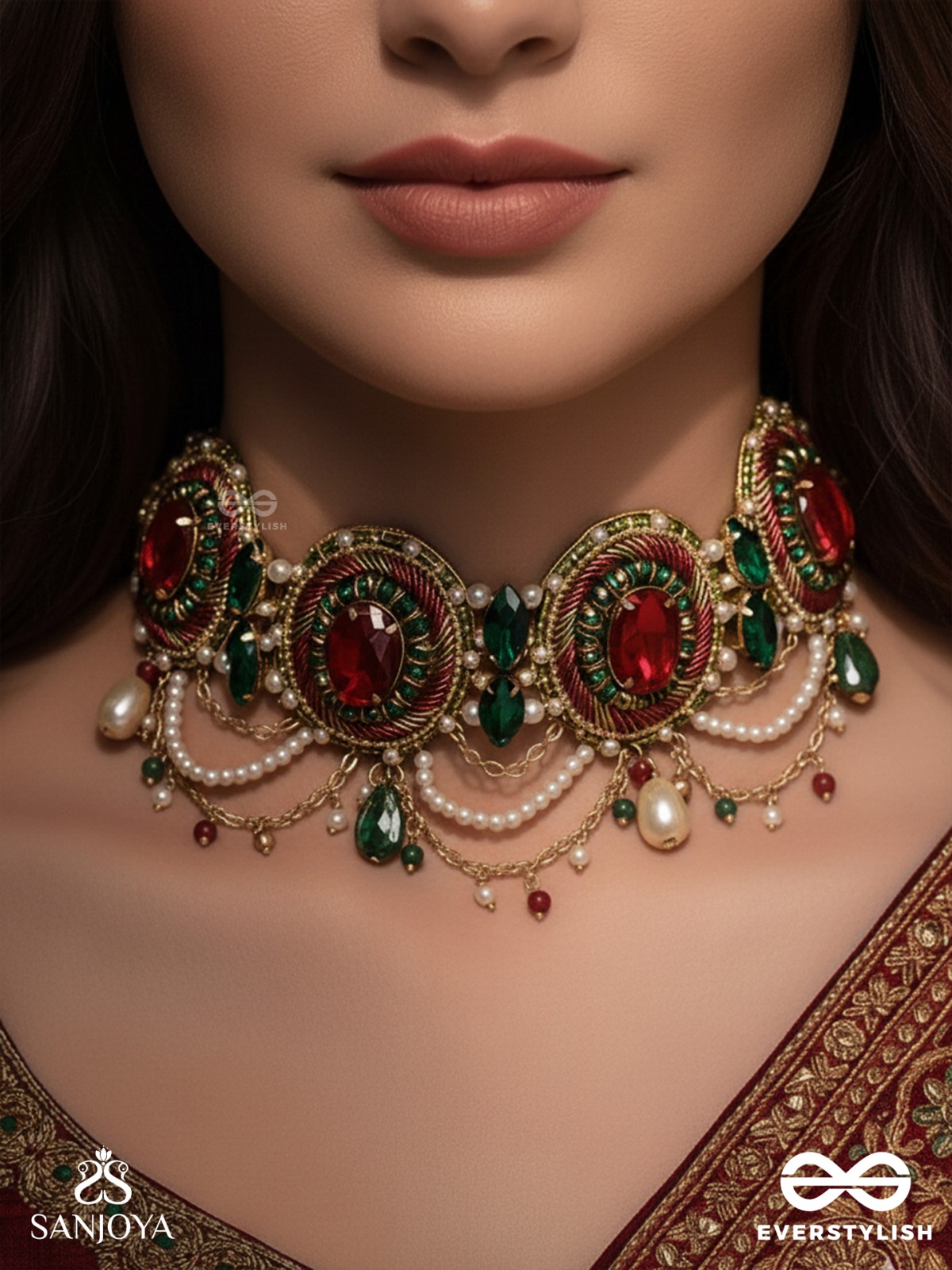 Upakarana - Royal Ruby Rainfall - Stone, Beads And Glass Drops Hand Embroidered  Choker Neckpiece