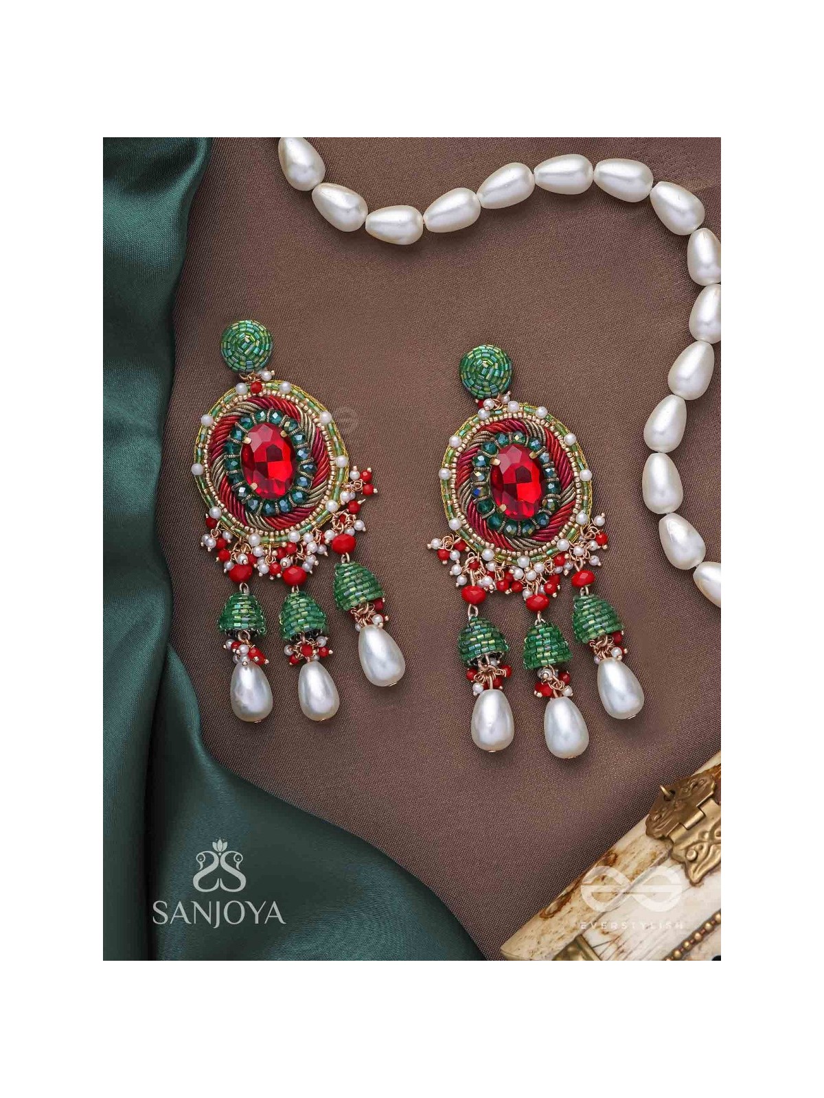 Aklishta - The Scarlet Splendor - Stone, Cutdana And Beads Hand Embroidered Earrings