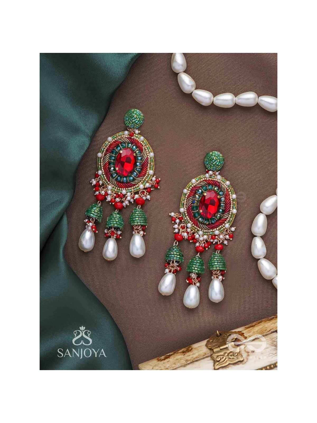 Aklishta - The Scarlet Splendor - Stone, Cutdana And Beads Hand Embroidered Earrings