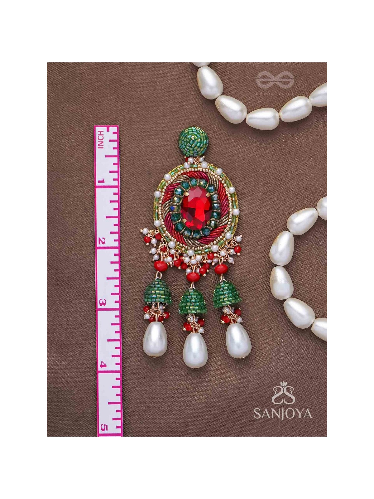 Aklishta - The Scarlet Splendor - Stone, Cutdana And Beads Hand Embroidered Earrings