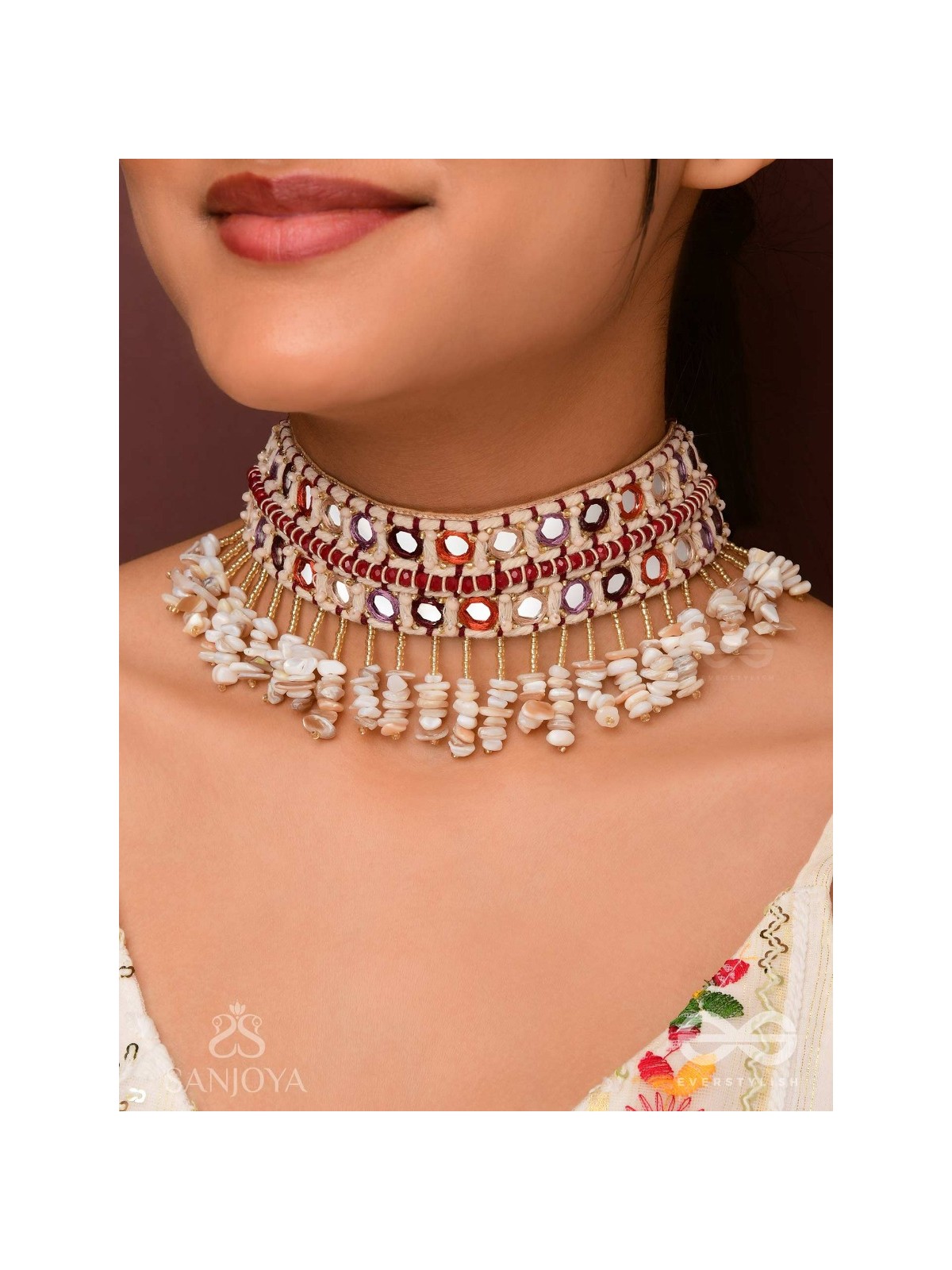 Revata - Hues Of Ocean - Mirror And Resham Hand Embroidered Neckpiece