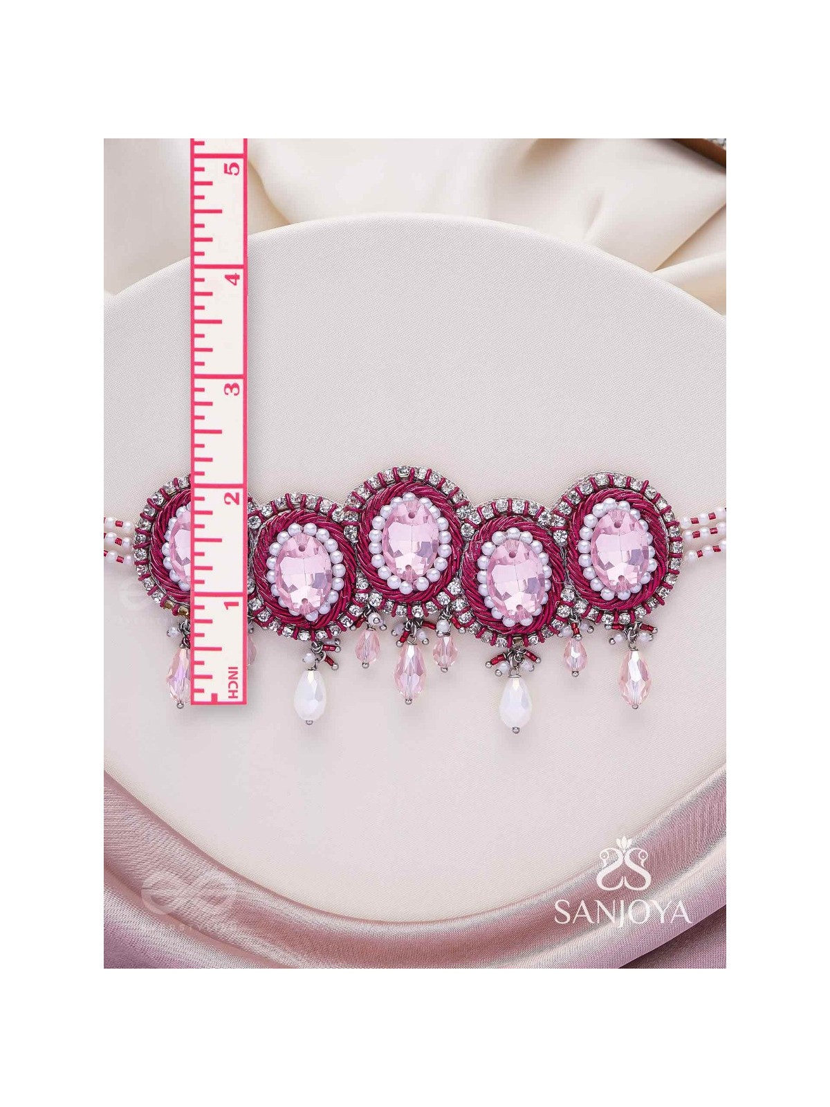 Udagat - Blushing Rose - Stone, Beads And Glass Drops Hand Embroidered Neckpiece