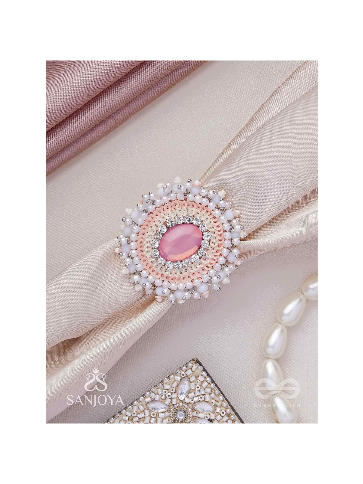 Anushayin- The Budding Faith- Stone, Beads And Sequins Hand  Embroidered Stud Ring