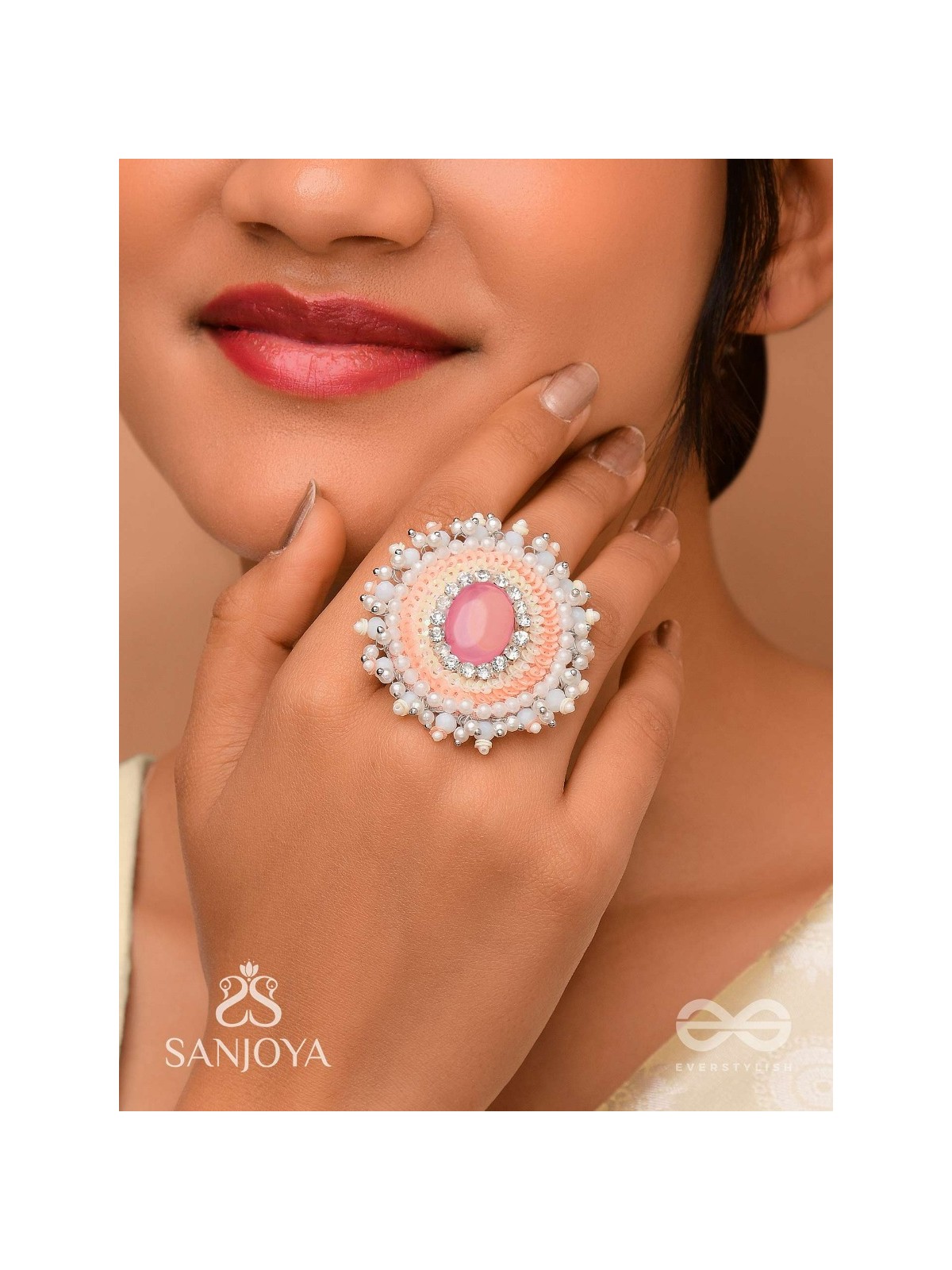 Anushayin- The Budding Faith- Stone, Beads And Sequins Hand  Embroidered Stud Ring