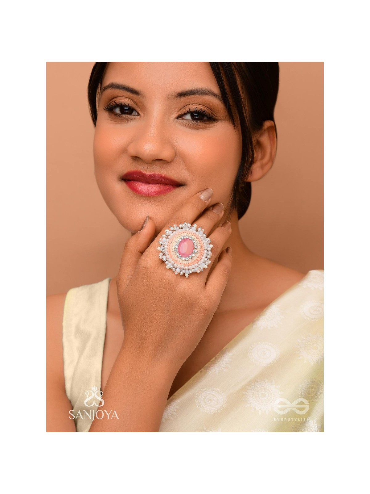 Anushayin- The Budding Faith- Stone, Beads And Sequins Hand  Embroidered Stud Ring