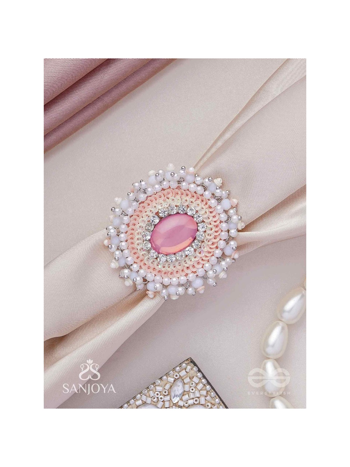 Anushayin- The Budding Faith- Stone, Beads And Sequins Hand  Embroidered Stud Ring