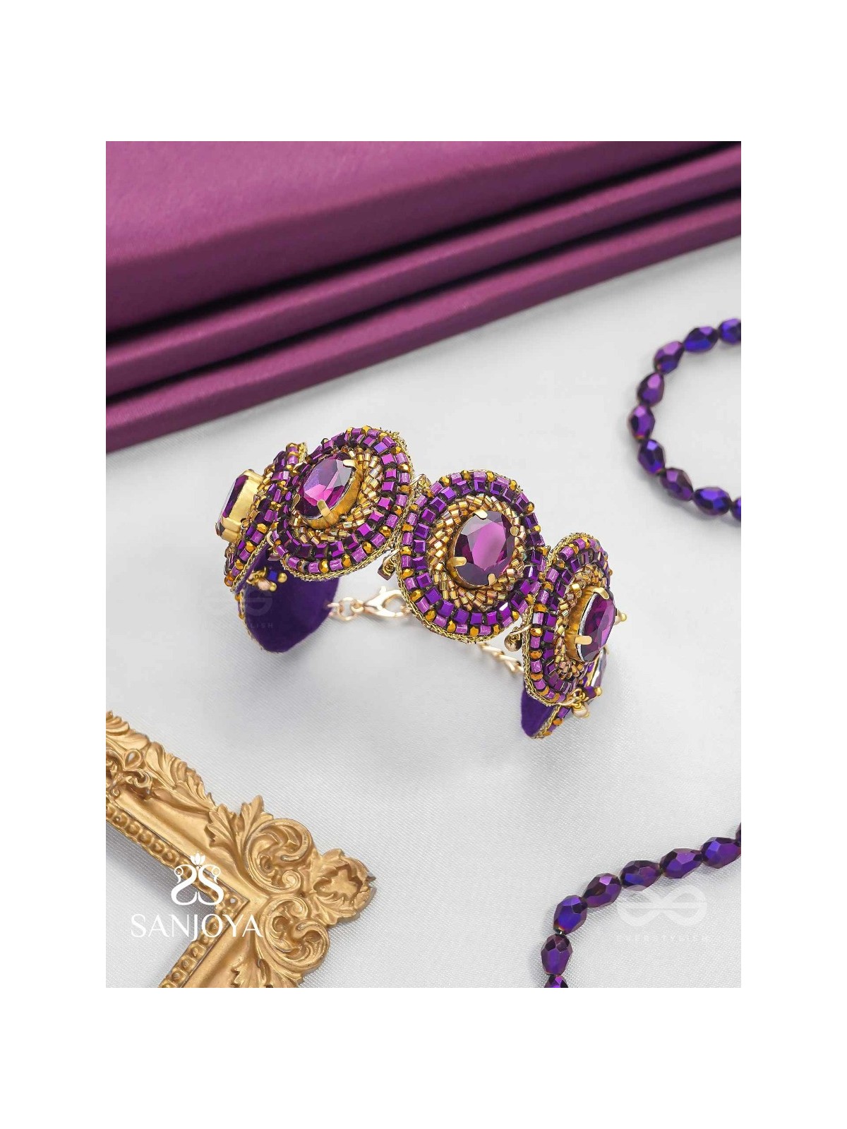 Ruksavarna - The Lustrous Amethyst - Stone, Beads And Cut Dana Hand Embroidered Cuff Bracelet