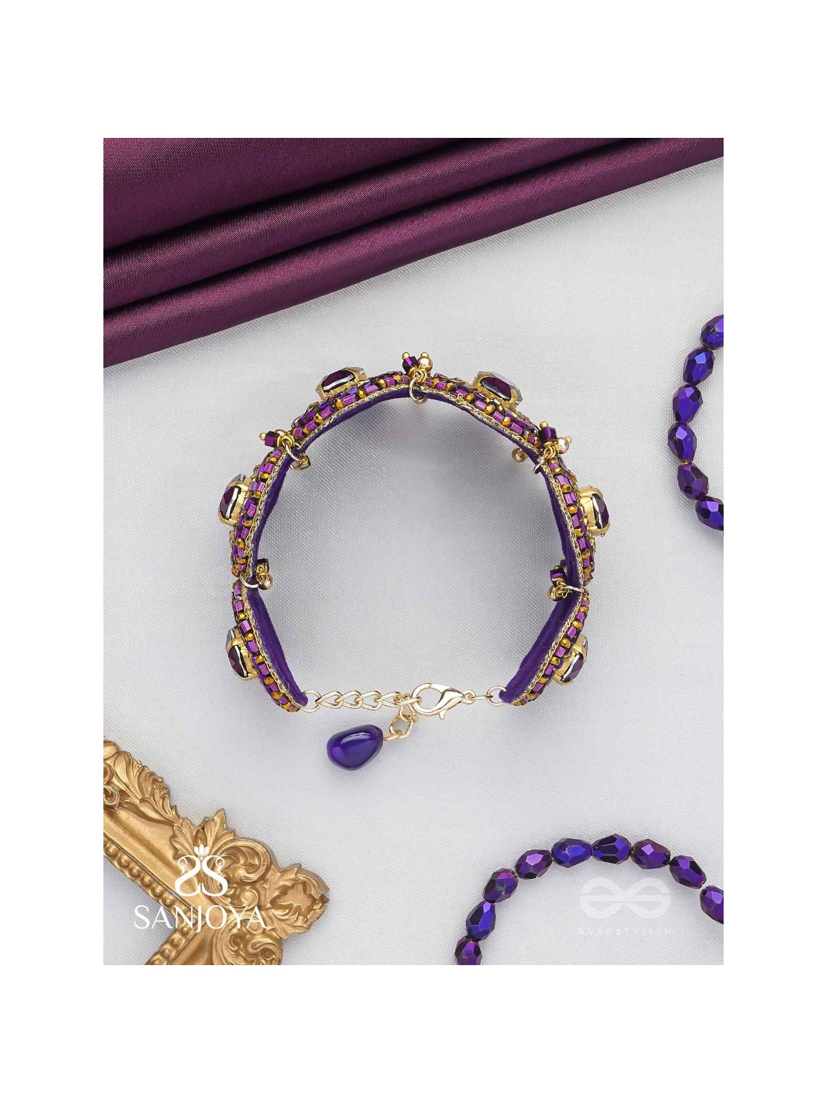 Ruksavarna - The Lustrous Amethyst - Stone, Beads And Cut Dana Hand Embroidered Cuff Bracelet