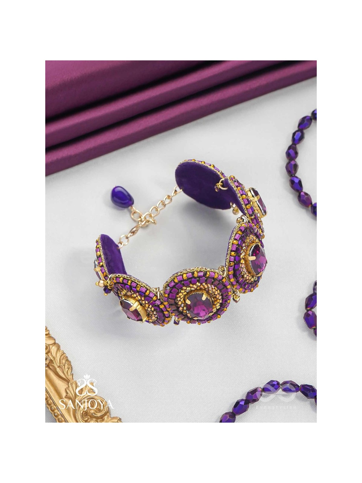 Ruksavarna - The Lustrous Amethyst - Stone, Beads And Cut Dana Hand Embroidered Cuff Bracelet