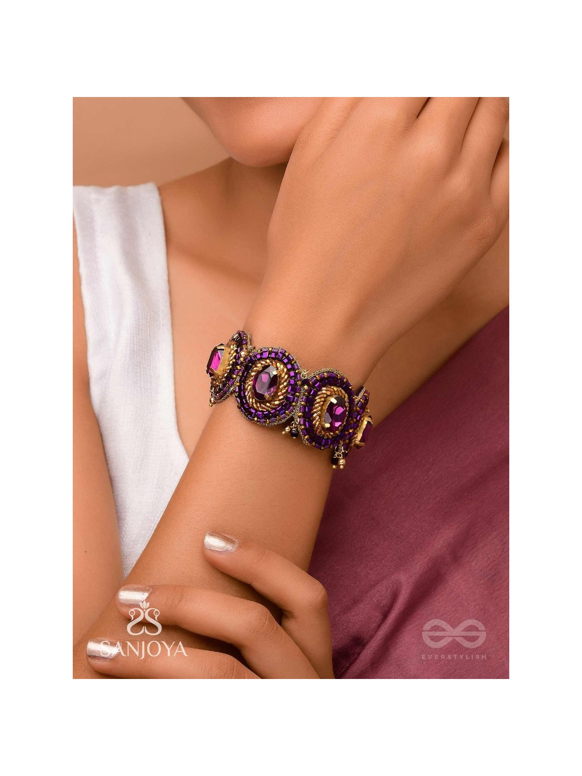 Ruksavarna - The Lustrous Amethyst - Stone, Beads And Cut Dana Hand Embroidered Cuff Bracelet
