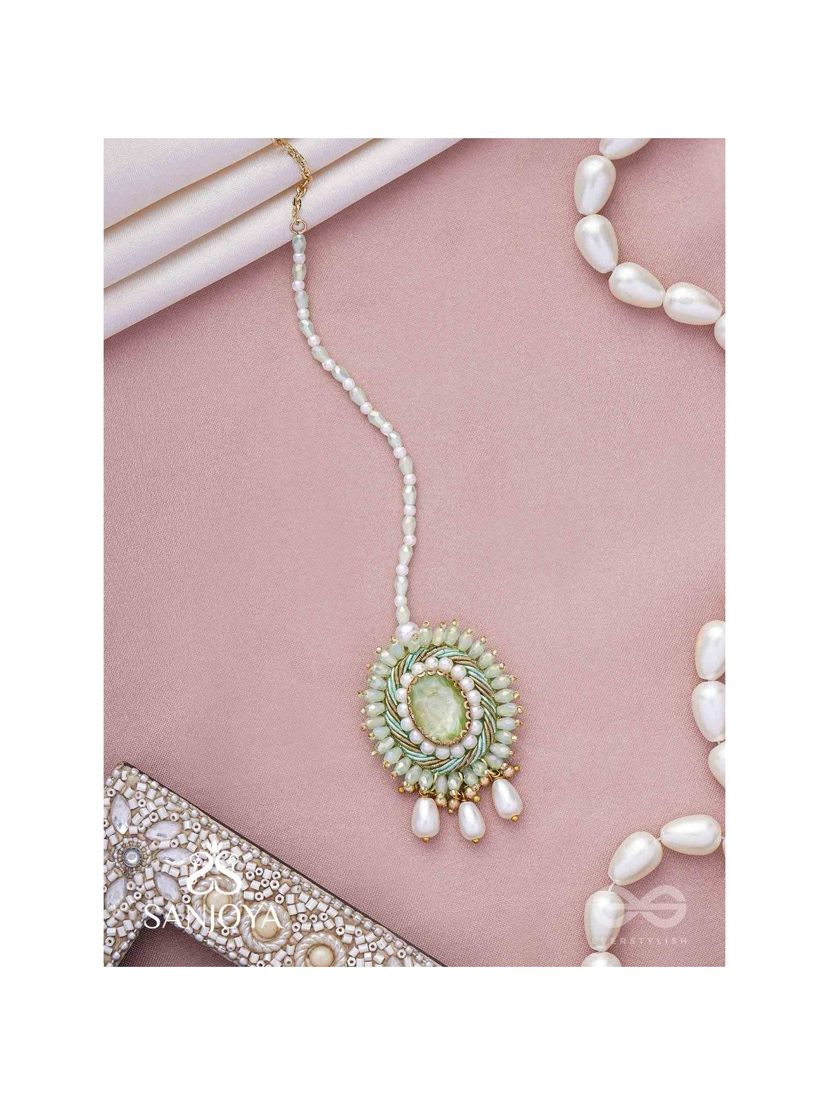 Aranyani - The Meadow Dreams - Stone, Beads And Pearls Hand Embroidered Maangtika