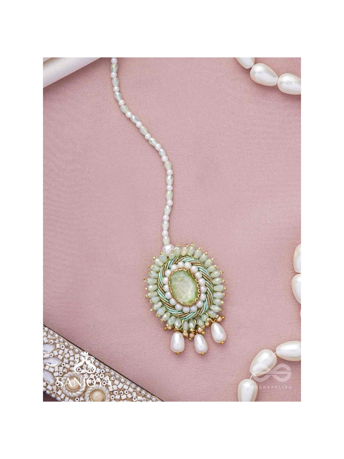 Aranyani - The Meadow Dreams - Stone, Beads And Pearls Hand Embroidered Maangtika