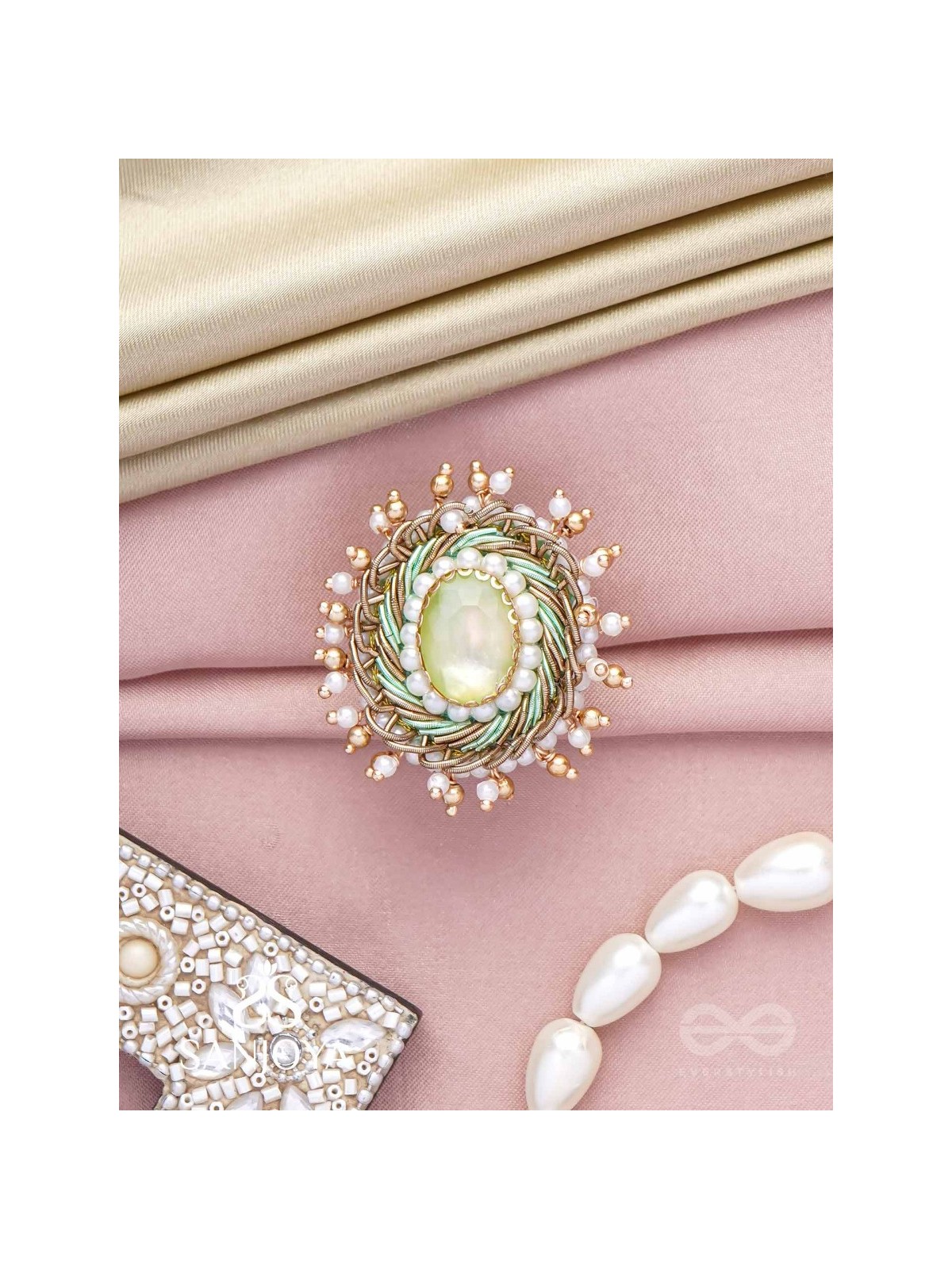 Dyutaka - The Enchanted Forest - Stone And Beads Hand Embroidered Ring (Adjustable)