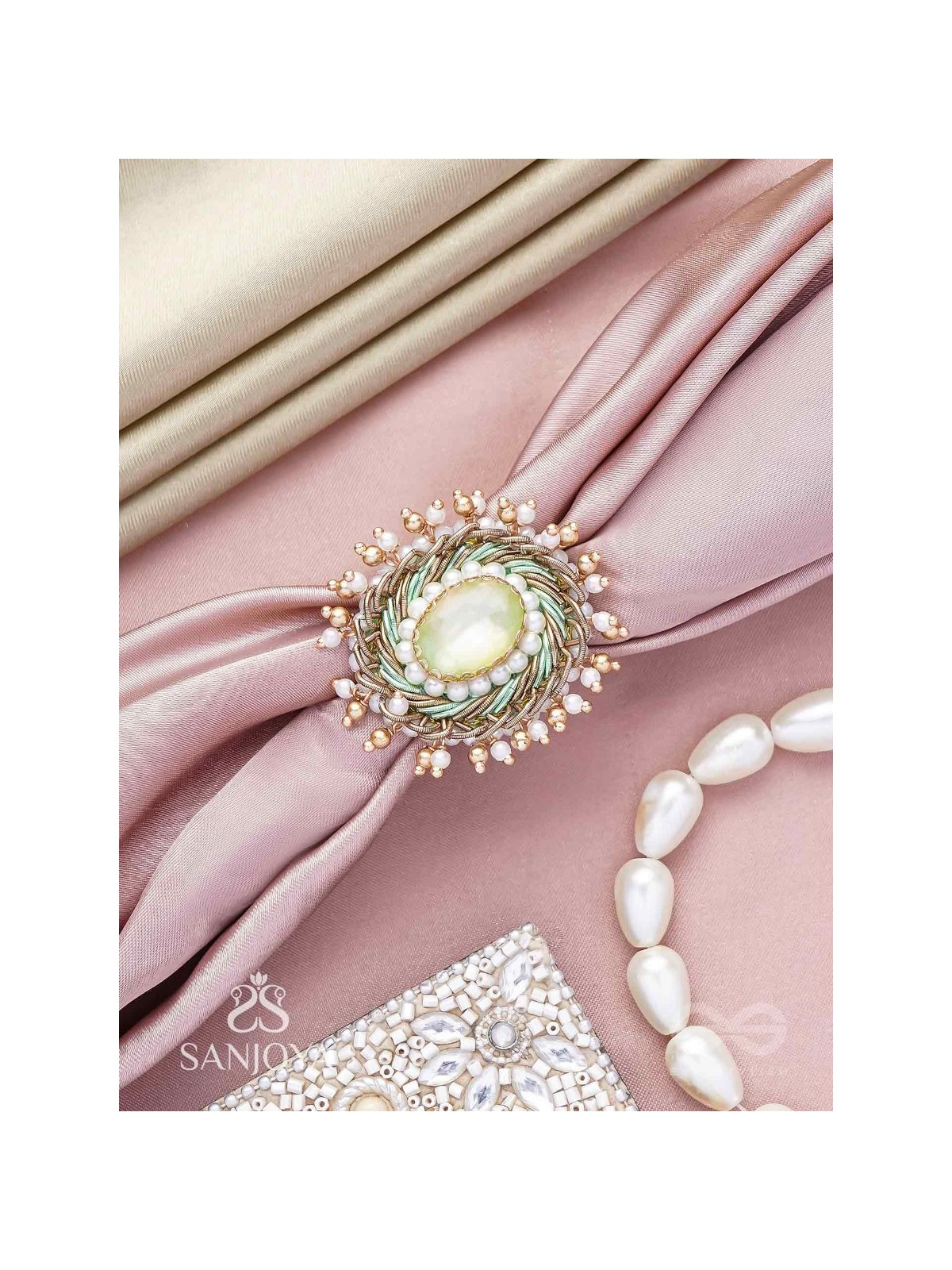 Dyutaka - The Enchanted Forest - Stone And Beads Hand Embroidered Ring (Adjustable)