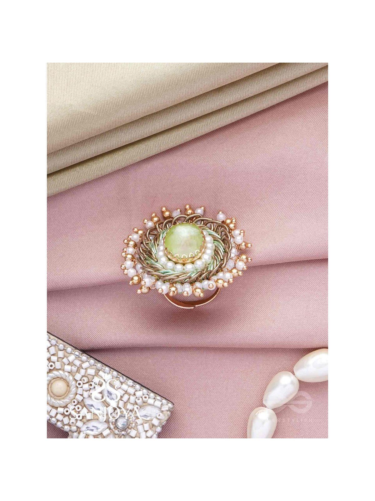 Dyutaka - The Enchanted Forest - Stone And Beads Hand Embroidered Ring (Adjustable)