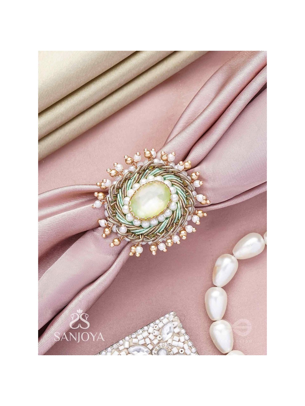 Dyutaka - The Enchanted Forest - Stone And Beads Hand Embroidered Ring (Adjustable)