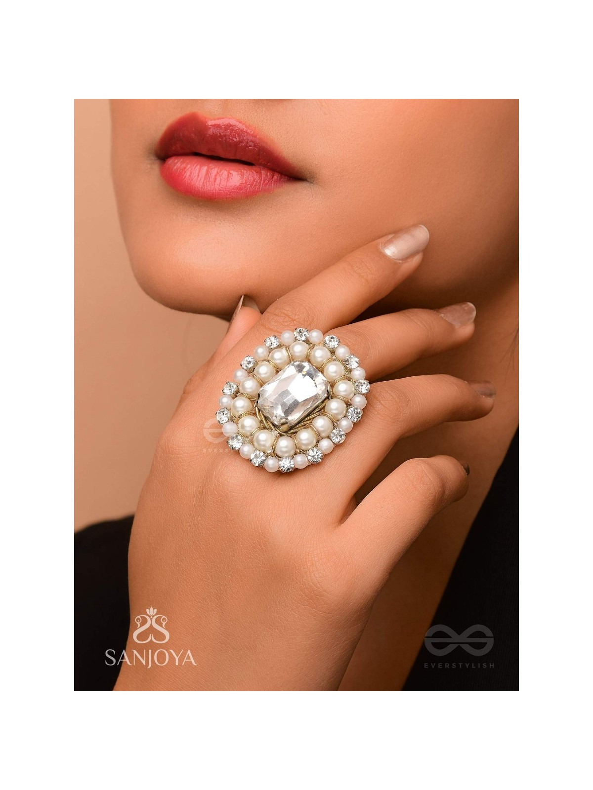 Indukamala - Moonlit Pearl Majesty - Stone And Pearls Hand Embroidered Ring