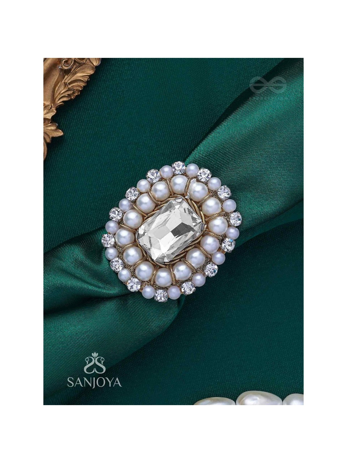 Indukamala - Moonlit Pearl Majesty - Stone And Pearls Hand Embroidered Ring