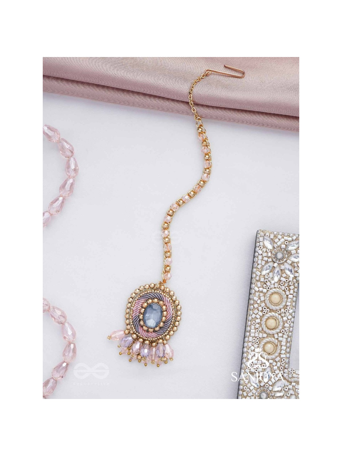 Adhana - Delicate Glow - Stone, Beads And Glass Drops Hand Embroidered Maangtika