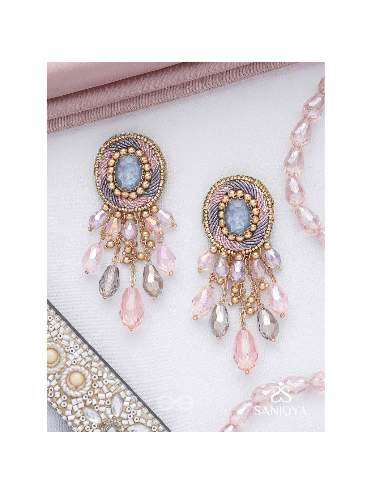 Ahraya - The Pink Fog - Stone, Beads And Glass Drop Hand Embroidered Earrings