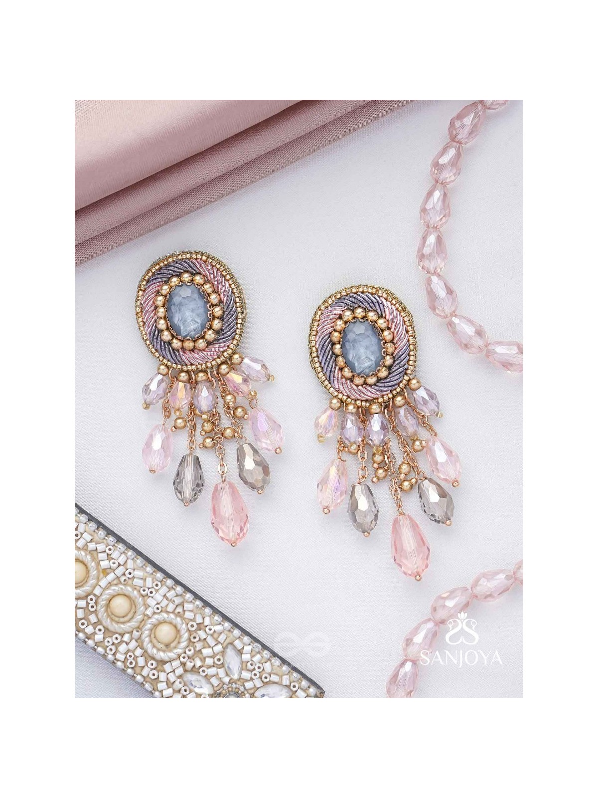 Ahraya - The Pink Fog - Stone, Beads And Glass Drop Hand Embroidered Earrings