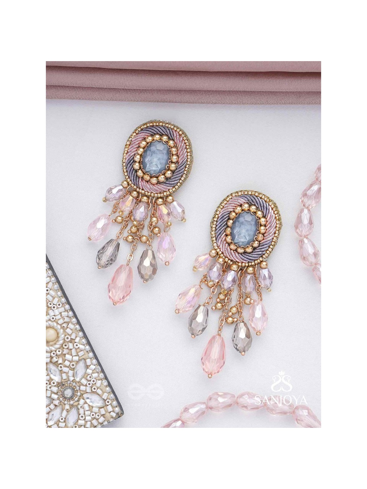 Ahraya - The Pink Fog - Stone, Beads And Glass Drop Hand Embroidered Earrings