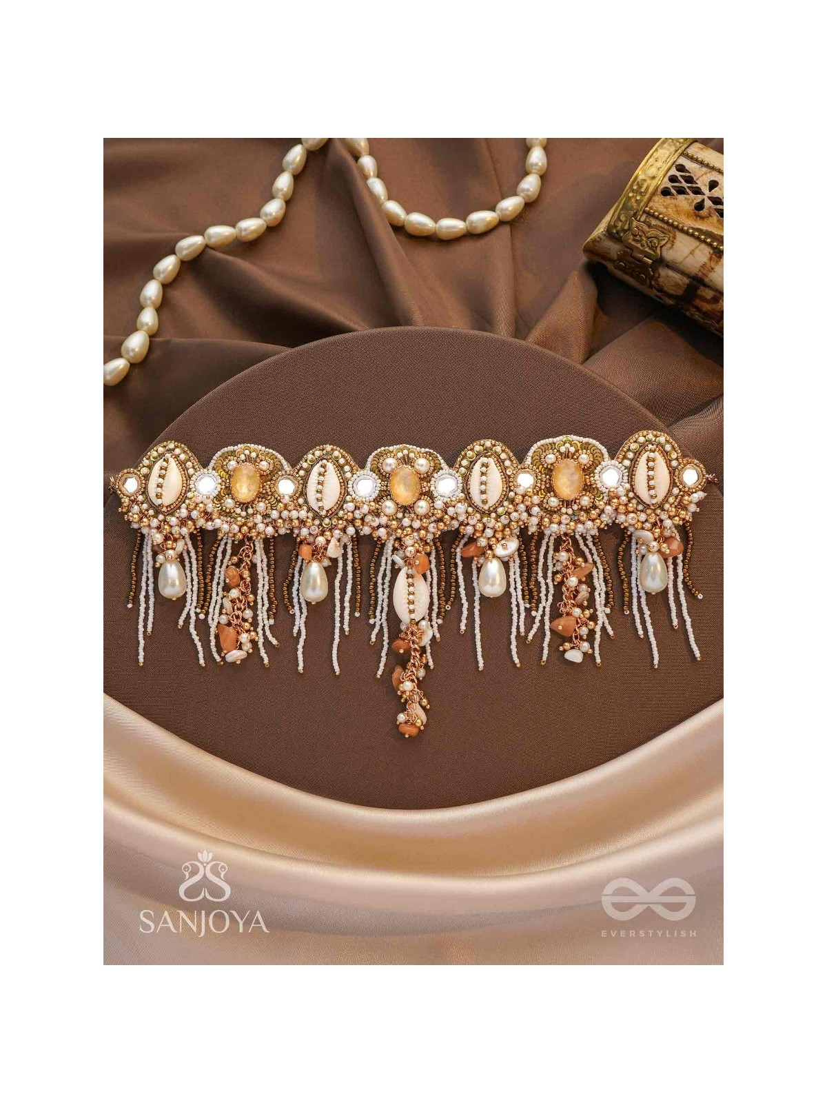 Sankhika- Coastal Gleam - Beads, Shells And Stone Hand Embroidered Neckpiece