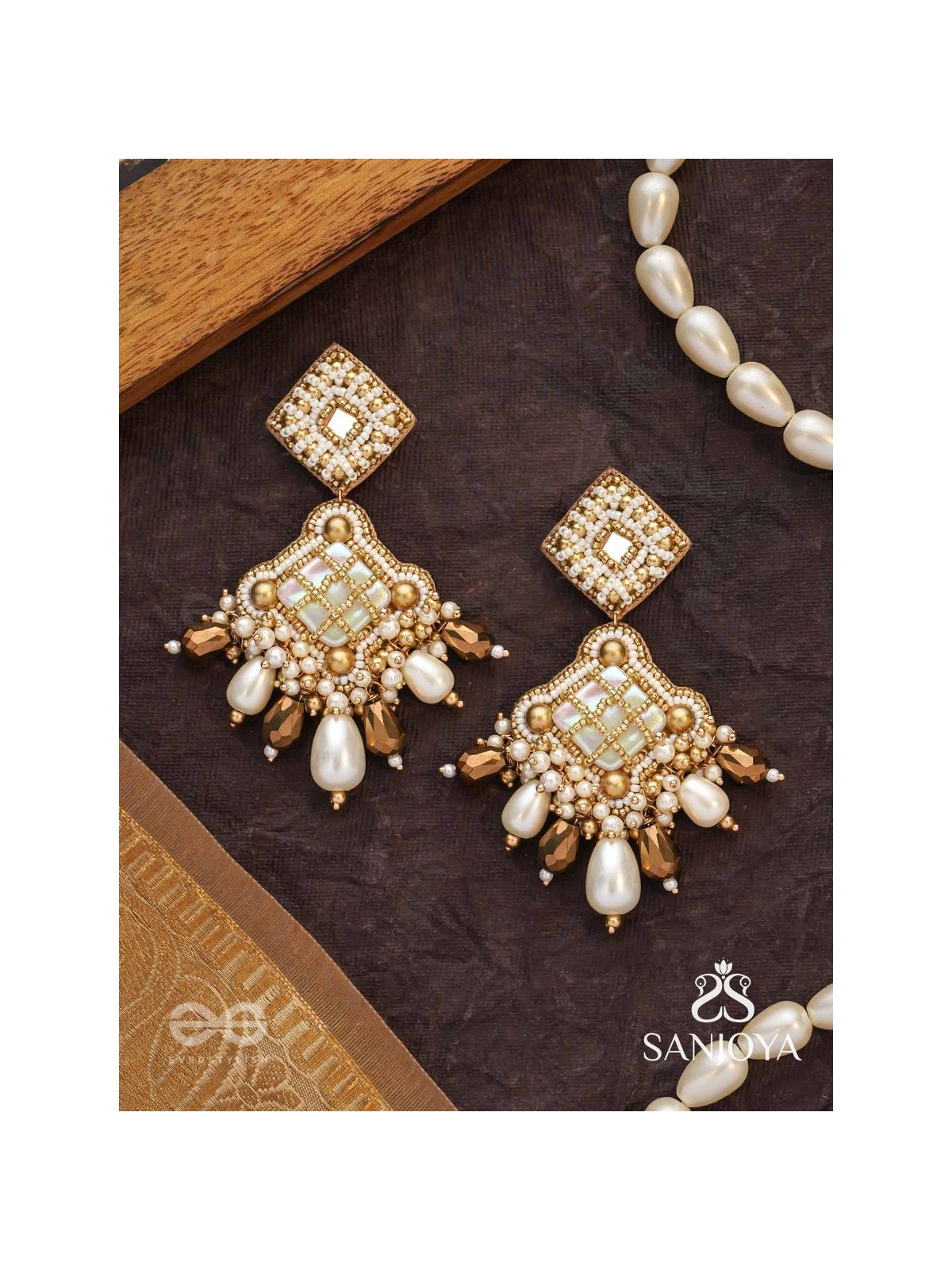 Kosavasin - Golden Sands Delight -Beads And Glass Drops Hand Embroidered Earrings