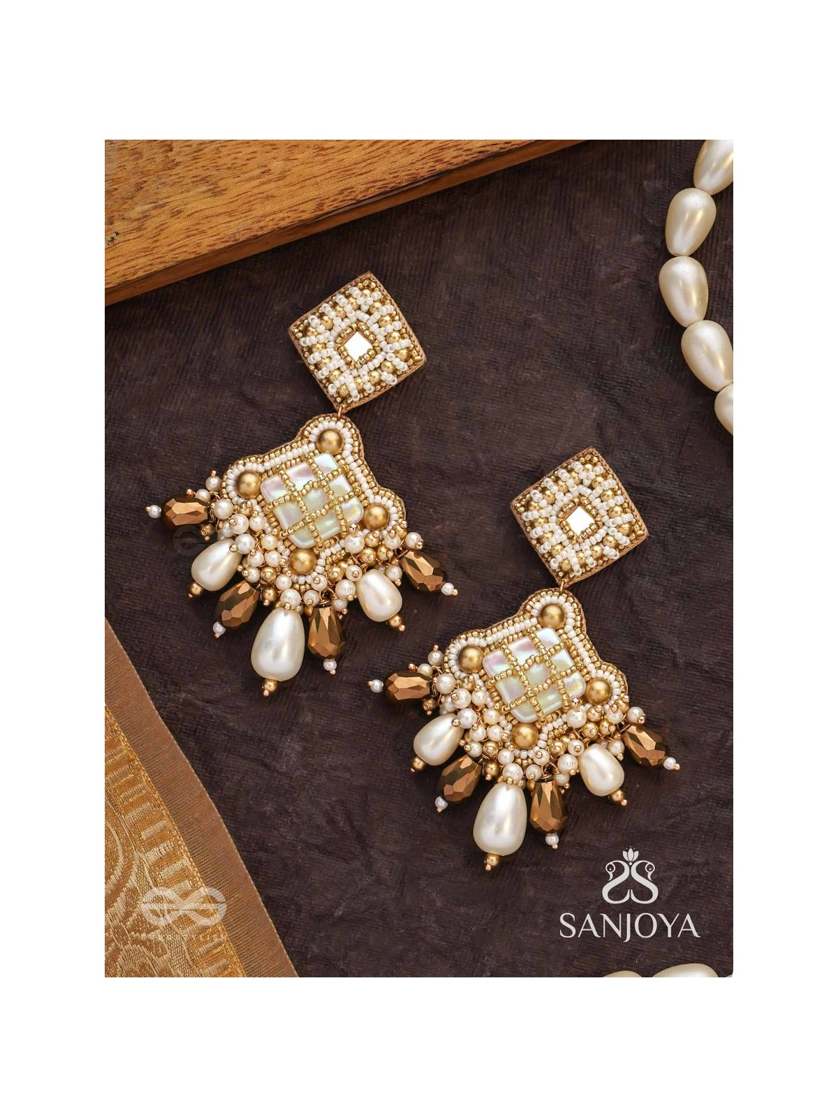 Kosavasin - Golden Sands Delight -Beads And Glass Drops Hand Embroidered Earrings