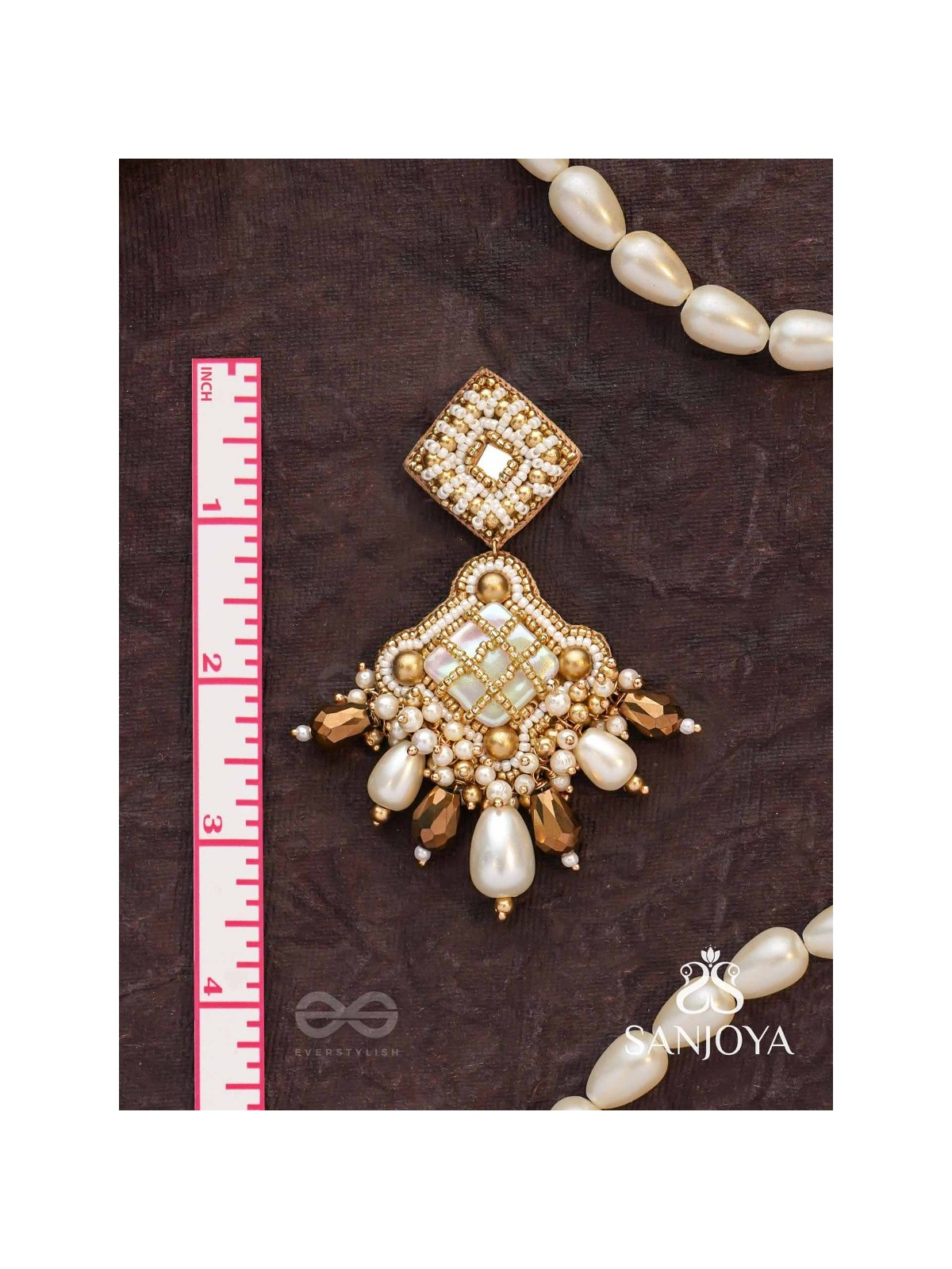 Kosavasin - Golden Sands Delight -Beads And Glass Drops Hand Embroidered Earrings