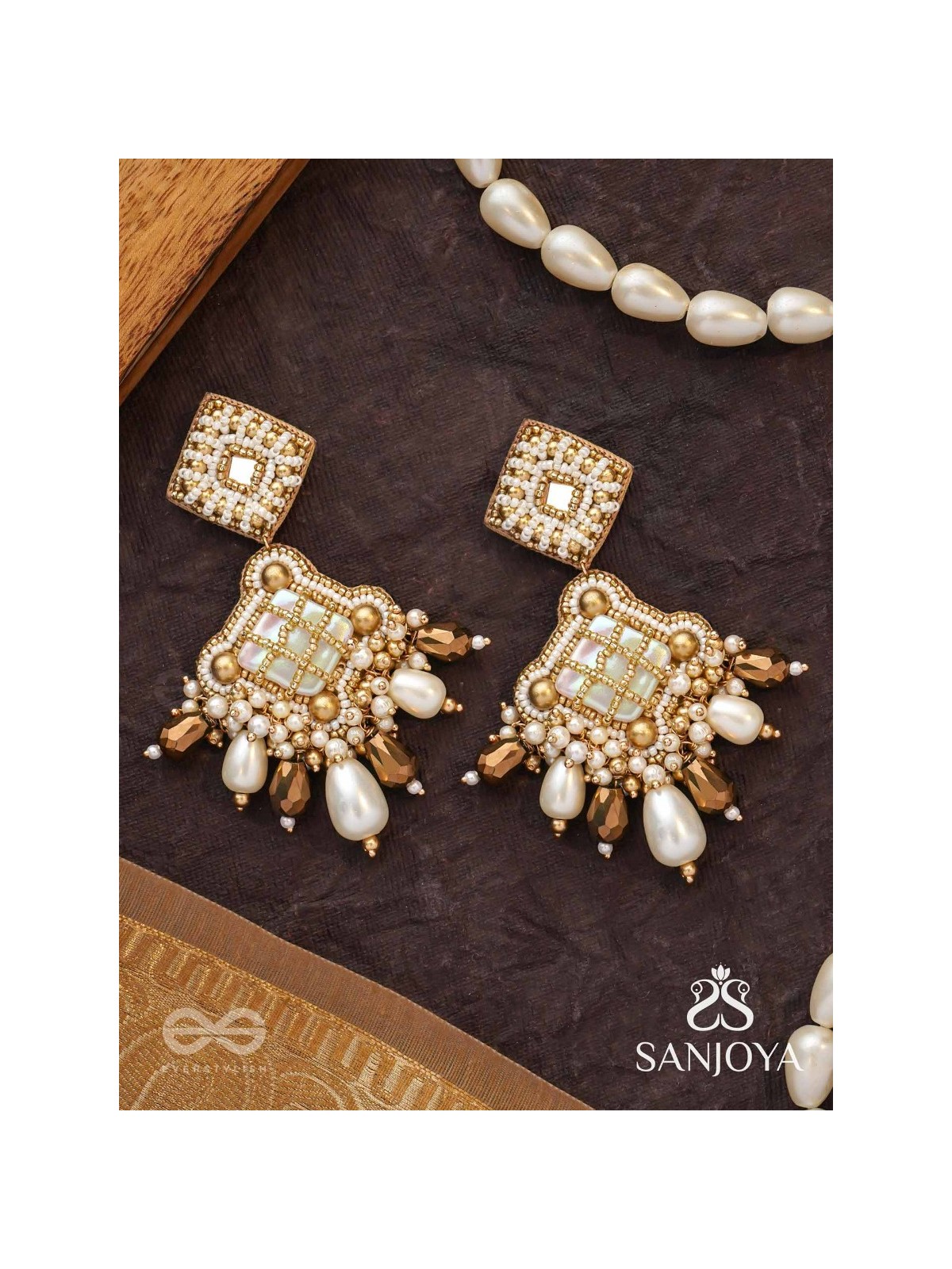 Kosavasin - Golden Sands Delight -Beads And Glass Drops Hand Embroidered Earrings