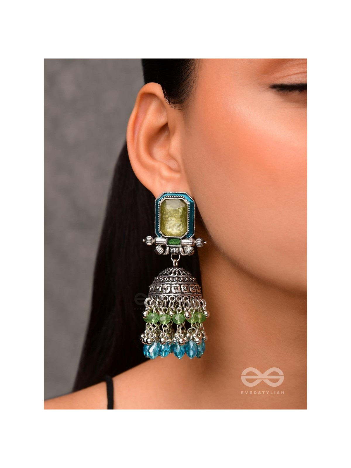 The Aqua Enchantments - Statement Embellished And Enamelled Oxidised Jhumka Earrings