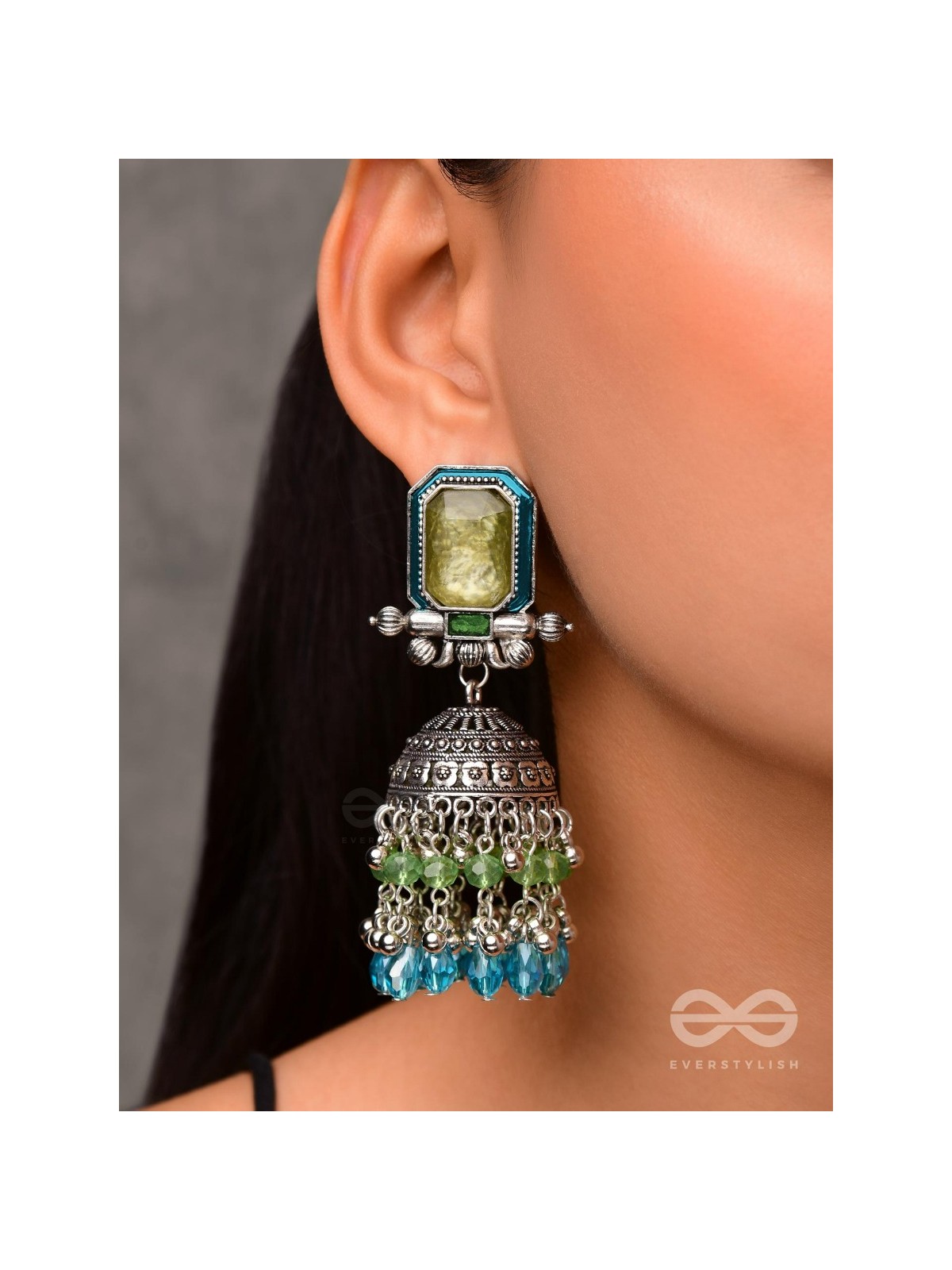 The Aqua Enchantments - Statement Embellished And Enamelled Oxidised Jhumka Earrings
