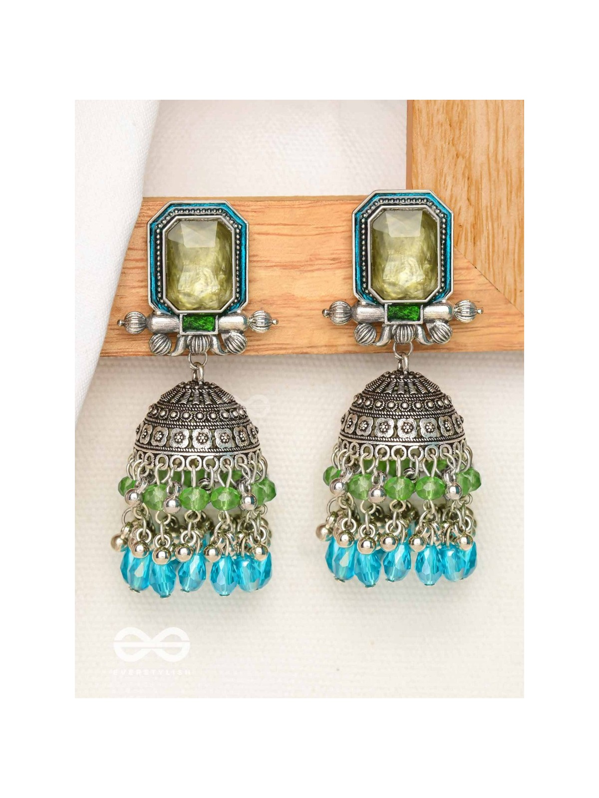 The Aqua Enchantments - Statement Embellished And Enamelled Oxidised Jhumka Earrings
