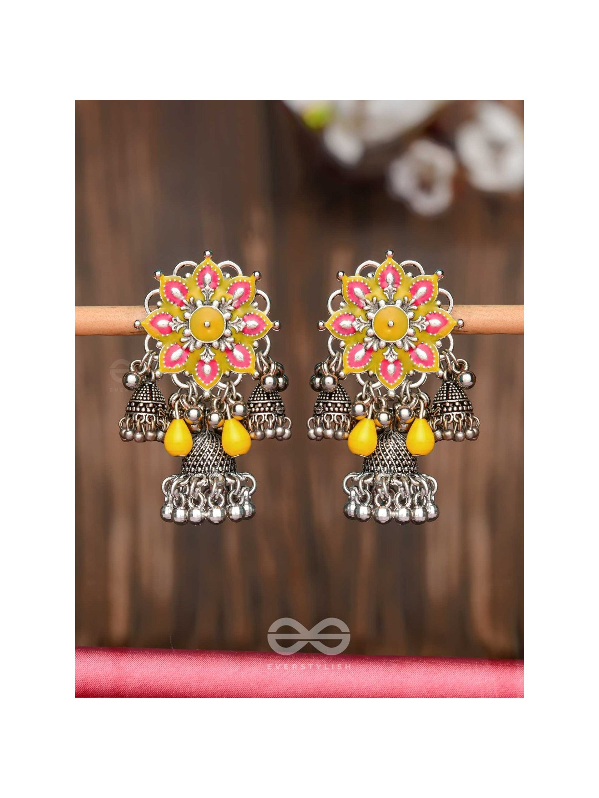 The Sunburst Bloom - Statement Enamelled Oxidised Jhumka Earrings
