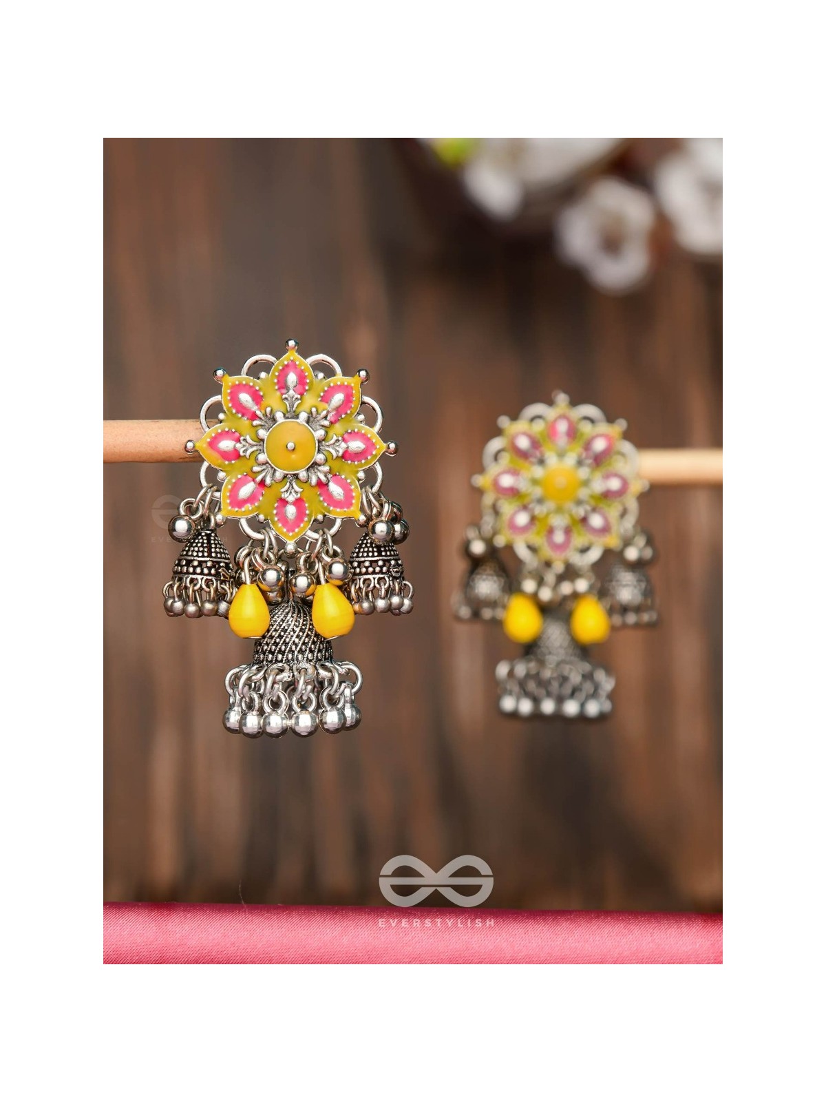 The Sunburst Bloom - Statement Enamelled Oxidised Jhumka Earrings