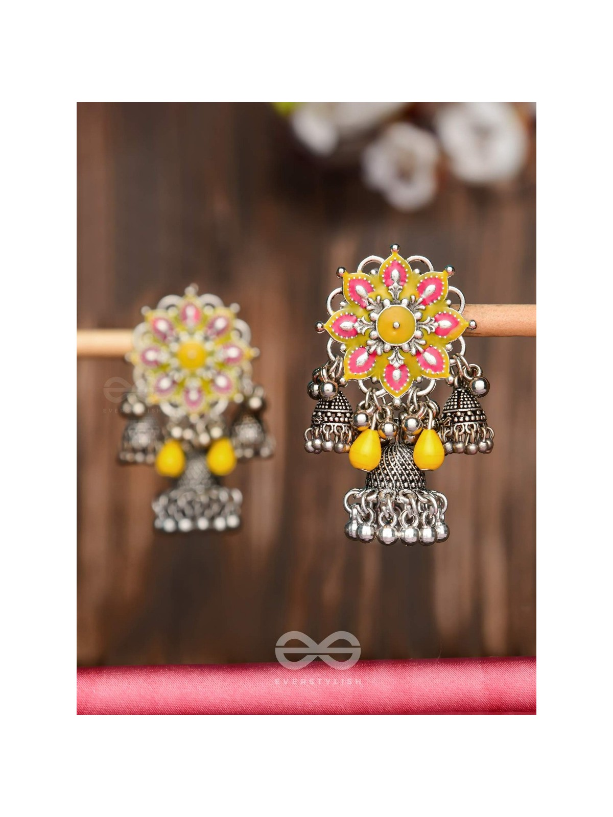 The Sunburst Bloom - Statement Enamelled Oxidised Jhumka Earrings