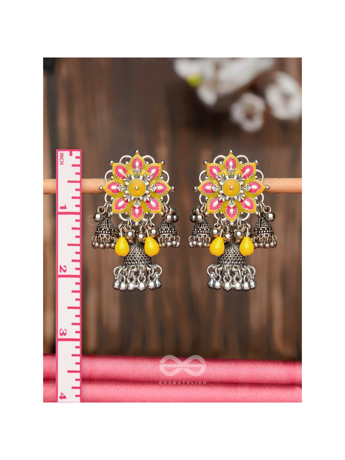 The Sunburst Bloom - Statement Enamelled Oxidised Jhumka Earrings